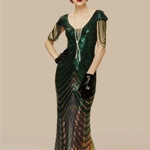 Emerald Green Sheer Scoop Neck Iridescent Sequin Dress